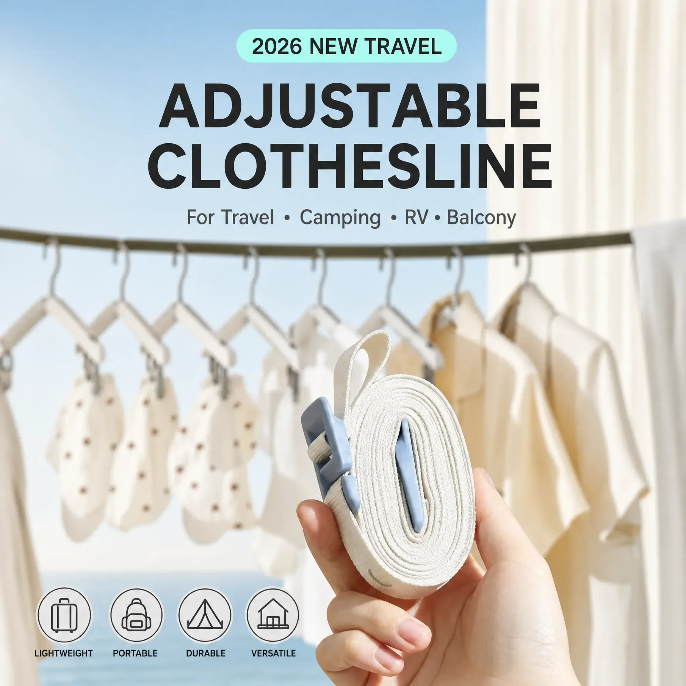 Portable Adjustable Travel Clothesline, Anti-Slip Camping Clothes Line with Holes, Heavy Duty Retractable Laundry Rope for Hotel, Car, Outdoor Travel