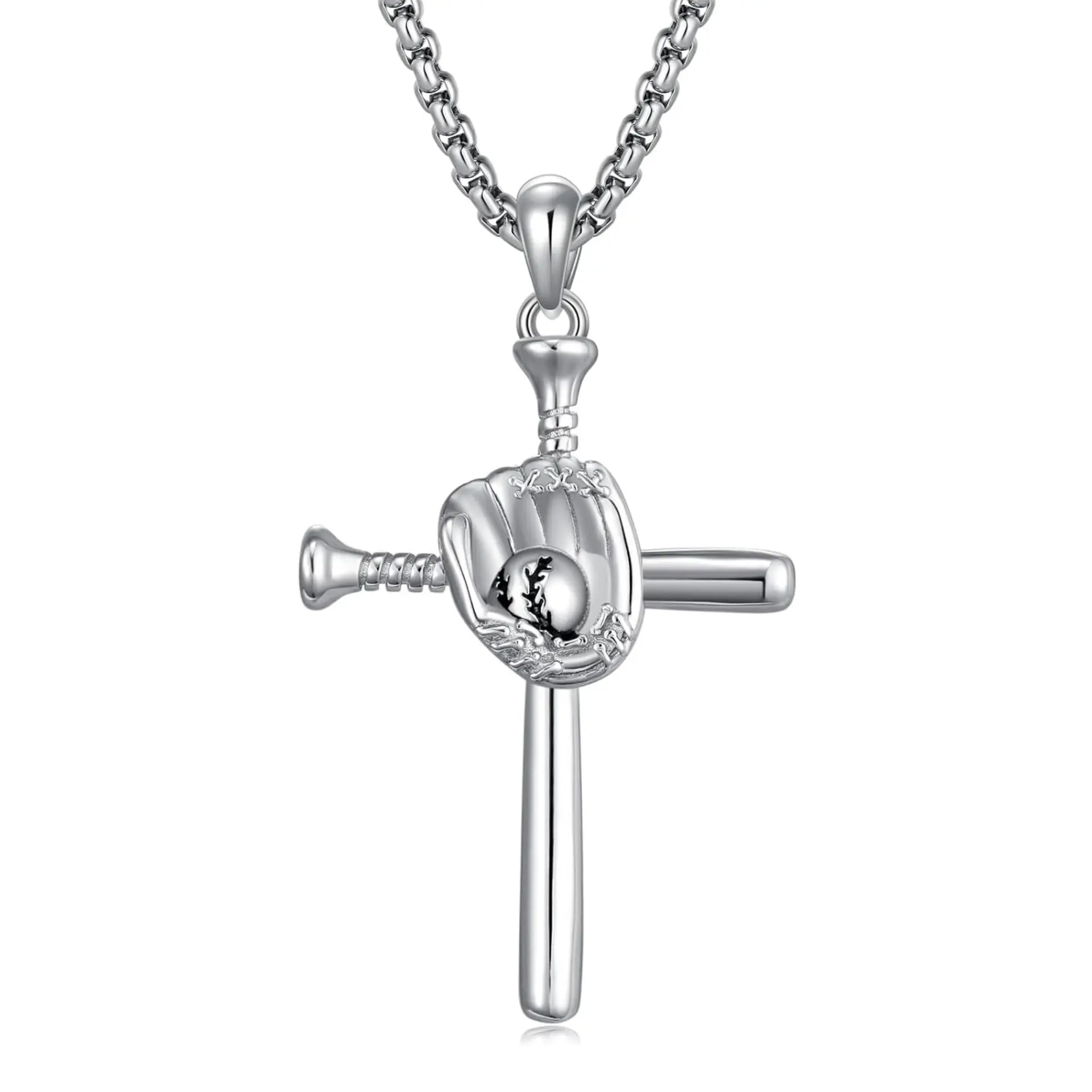 Men's Stainless Steel Baseball Bat & Glove Cross Necklace - Cross Chain Design, Spiritual Crucifix Jewelry for Sports Athletes, Boy Gift Ideas, Crucifix Necklaces, Spiritual Jewelry, Faith Jewelry