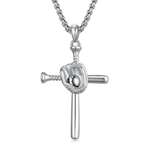 Baseball Cross Necklace for Men, Stainless Steel Baseball Bat Glove Pendant Necklace, Sports Faith Jewelry Gift for Boys Athletes