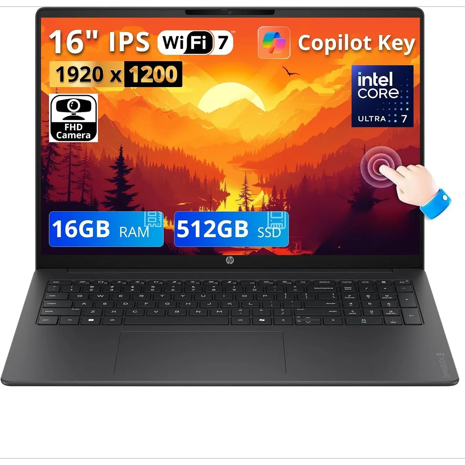 HP OmniBook 3 16" WUXGA IPS Touchscreen AI Laptop, Intel Core Ultra 7 255U, 16GB DDR5,512GB SSD, Intel Graphics, Numeric Keypad, FHD Camera, Win 11