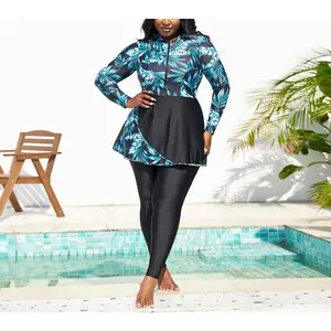 New One-Piece Swimsuit for Women with Printed Zipper Skirt Style Long Sleeve European and American Plus Size Swimsuit