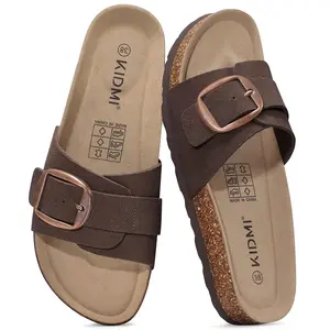 KIDMI Summer Women's Cork Sandals Premium Suede Leather Casual Slippers Comfortable Beach Sandals Indoor Outdoor Slides