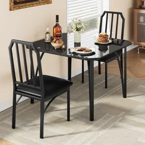 Glass Dining Table Set for 2, Kitchen Table and Chairs for 2 with with Chamfer Design, 3 Piece Dining Room Table Set with Cushion Seats for Small Space, Home Kitchen, Apartment-Glass