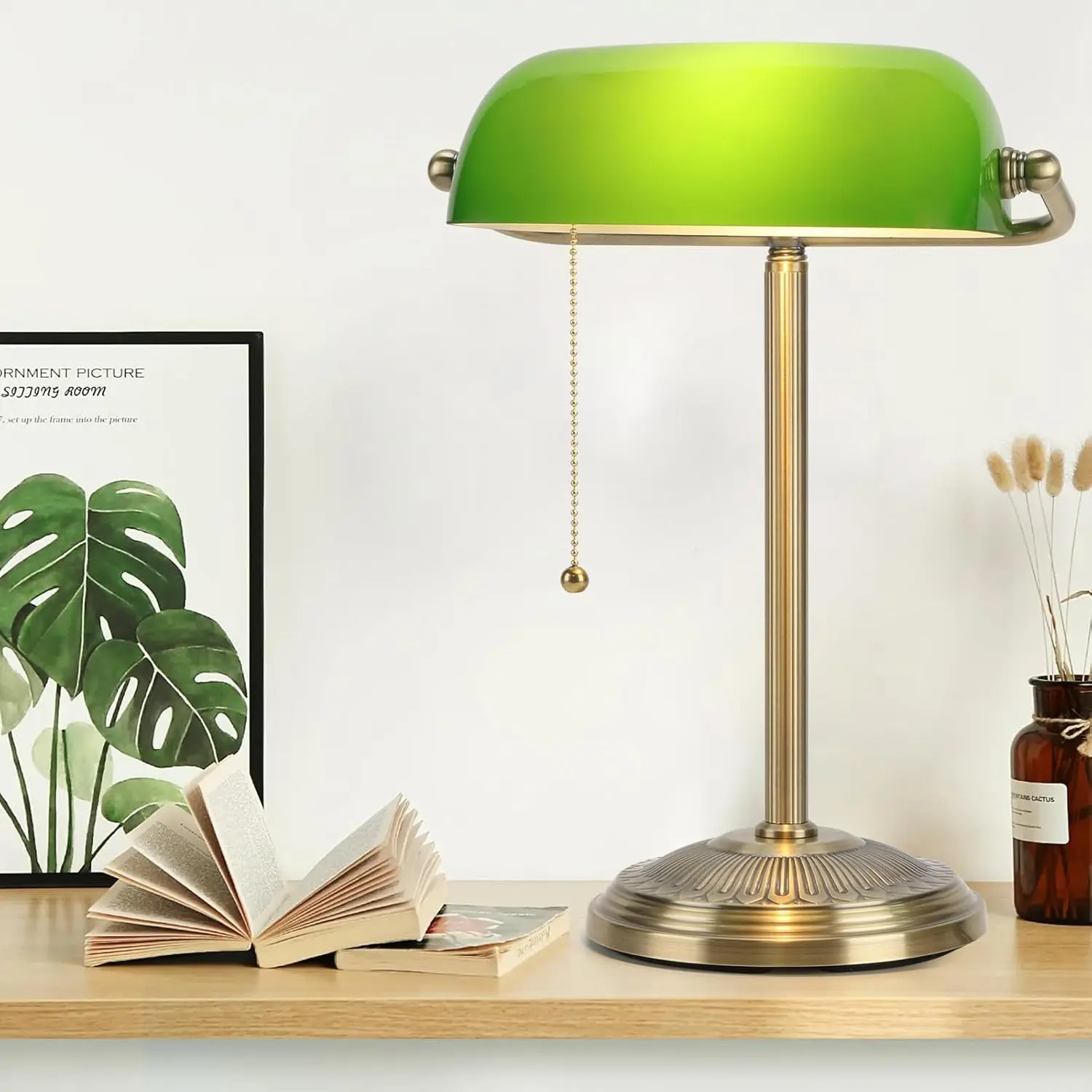 Bankers Lamp, Green Desk Lamp with Brass Finish, Classic Table Lamp with Pull Switch for Home, Office, Study (Green)