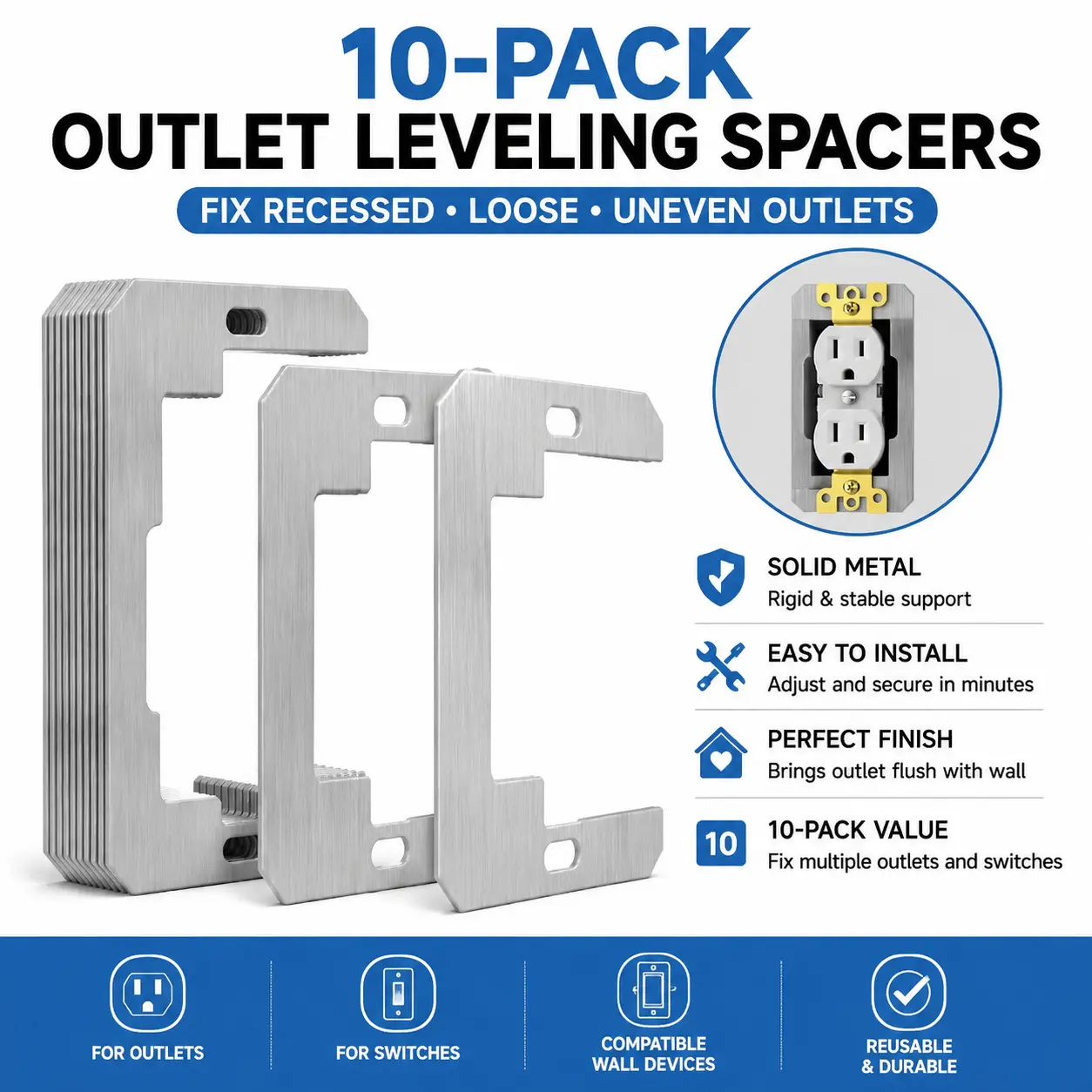 Metal Wall Plate Leveling Shims (5/10/20 Pcs) - Rust-Resistant Flush-Fit Spacers for Electrical Outlet Switch Repair, Fixing Loose Outlets & Electrical Boxes