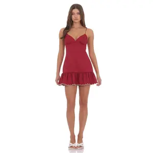 Lucy in the Sky Jacquard Scallop Ruffle Dress in Red