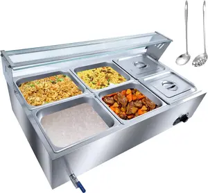 Commercial Stainless Steel 6-Pan Electric Bain Marie Food Warmer, 72 Qt Capacity, 6 in Deep Pans, Tempered Glass Cover Steam Table, 1500W Countertop Buffet Unit with 86-185°F Temperature Control