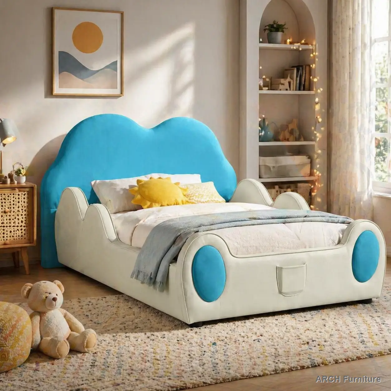 Playful Cloud-Shape Arch Twin-Size Kids Bed - PU Leather Children's Furniture, Safety Guardrails, Toddler-Designed, Blue & Beige Cartoon Finish, Blush Pink Storage Pocket, Kids Room Furniture, Kids Furniture