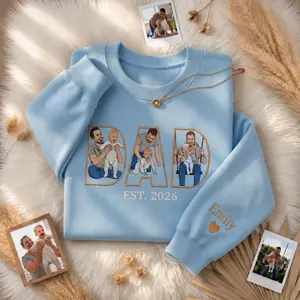 Embroidered Dad Hoodie, Custom Kid Portrait Sweatshirt, Personalized Name Sleeve, Father's Day Gift Shirt