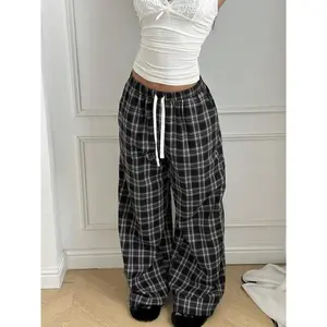Women's Plaid Patchwork Loose-Fit Straight Leg Casual Fashion Pants, Casual All-Season Wear, Comfortable Everyday, Versatile Graduation & Back-To-School Apparel,Airport Outfit