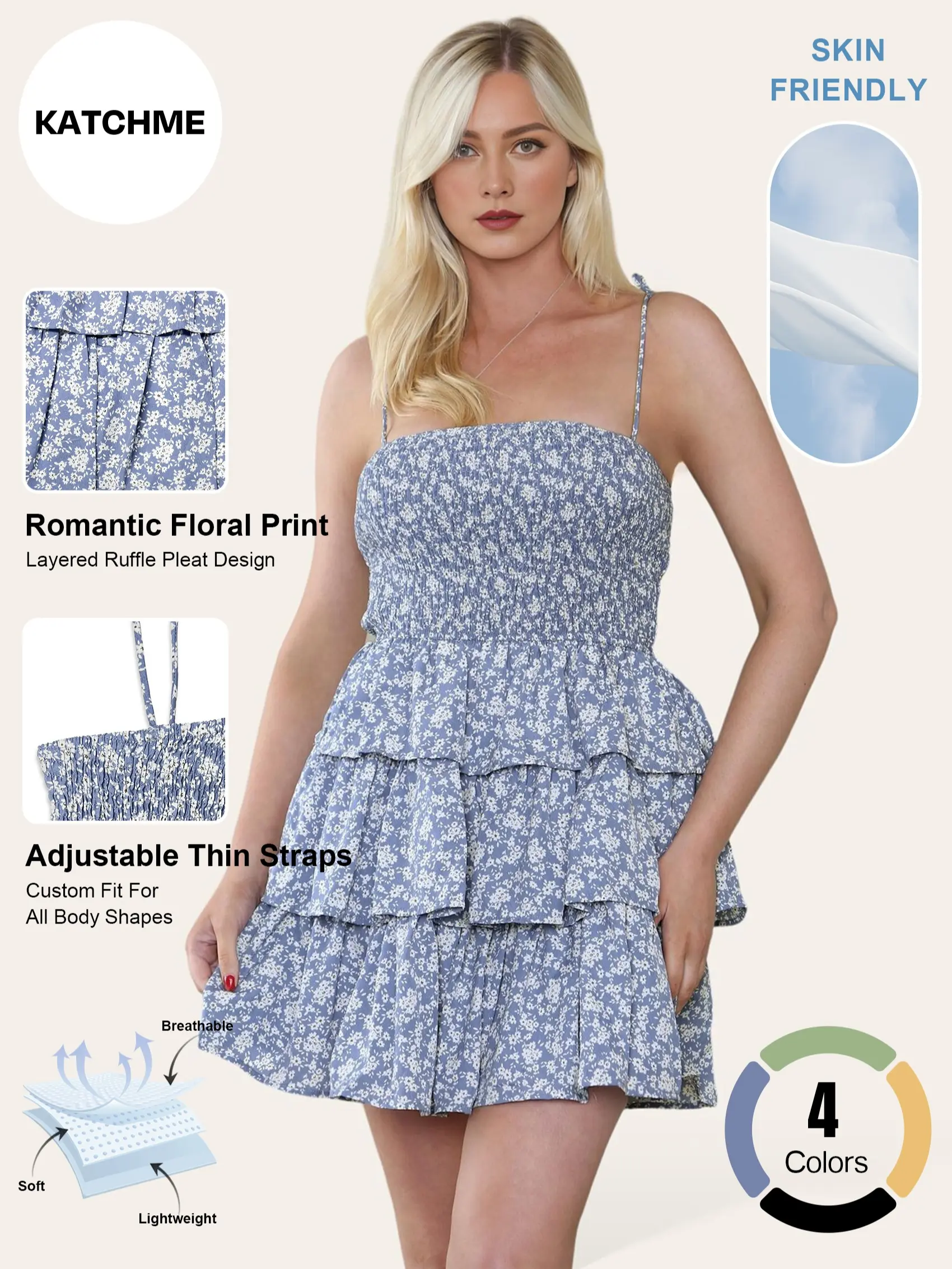 Live：Katch Me Chic Women's Boho Lovely Spaghetti Strap Floral Print Layered Mini Dress, Bohemian Going Out Dress for Spring & Summer, Holiday Dresses