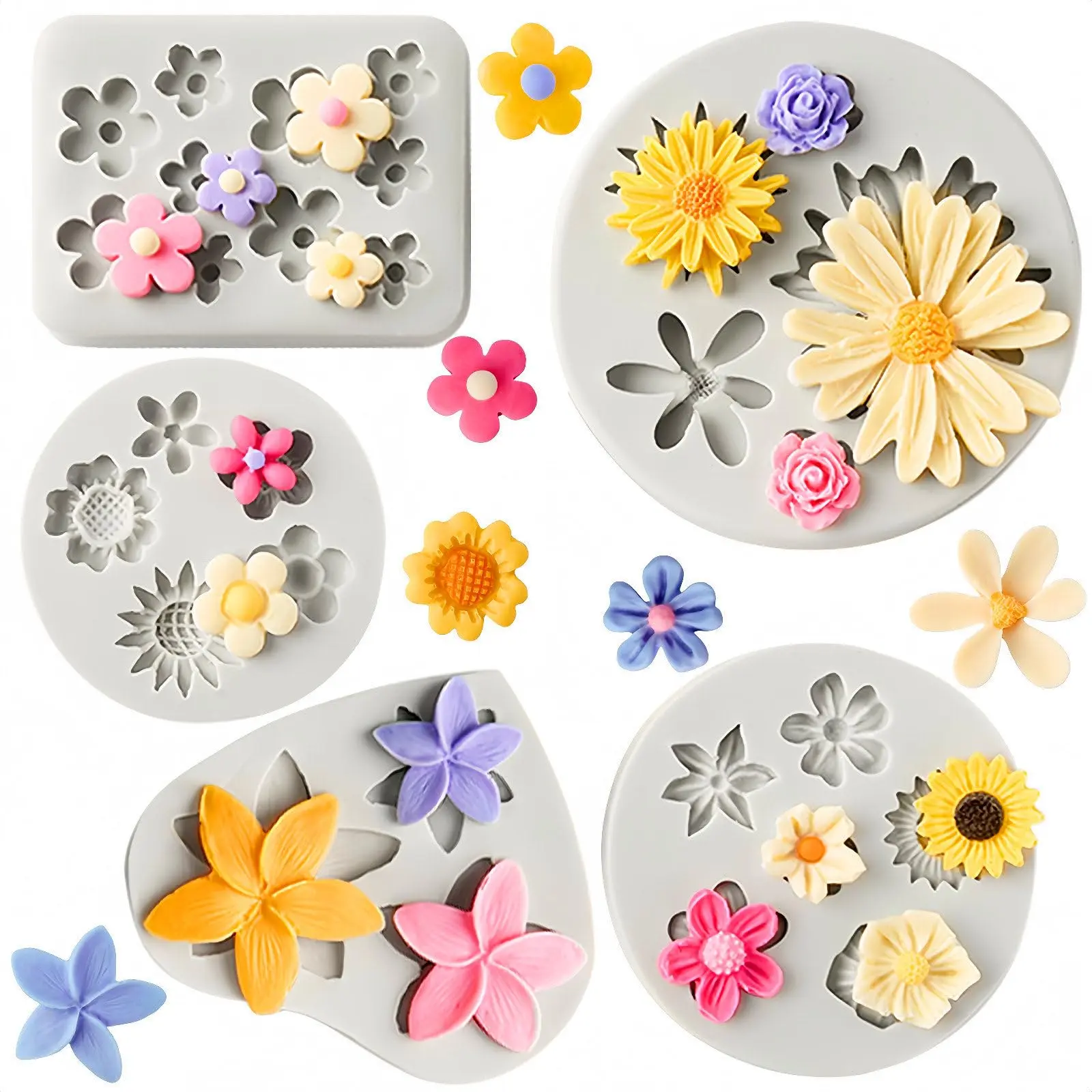 5PCS Silicone Flower Molds Non-Stick Daisy Sunflower Fondant Chocolate Molds for Dessert Cake Decorating Cupcake Topper Cake Pop Candy BPA Free Gray