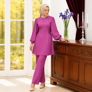 Women's Elegant Modest 2-Piece Islamic Clothing Set - Long Sleeve Tunic, Wide Leg Pants qatar abaya black