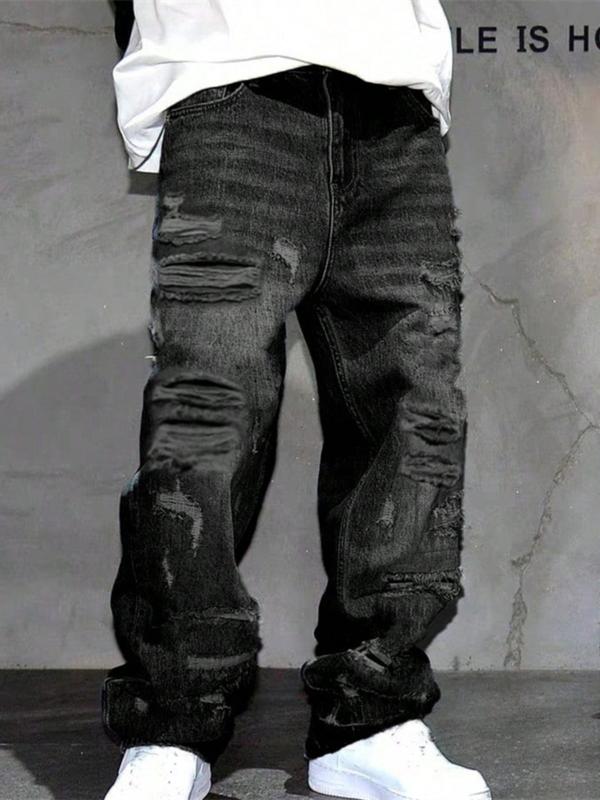Men's Korean Style Casual Patched Ripped Wide Leg Jeans, Loose Fit Straight Tube Pants, Trendy Cool Design, All Seasons