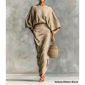 Elegant women's autumn new high-waisted long skirt set with round-neck long-sleeve loose top for commuting