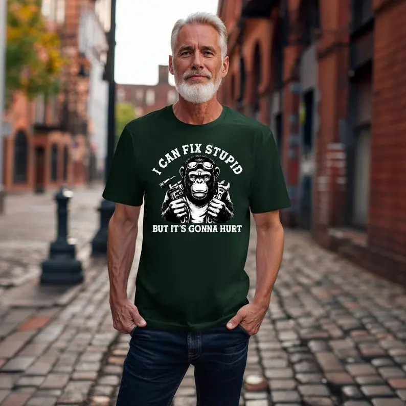 Menswear Unisex Short-Sleeve Round Neck Tee - Funny "I Can Fix Stupid" Graphic, Classic Fit Heavy Cotton Casual Top