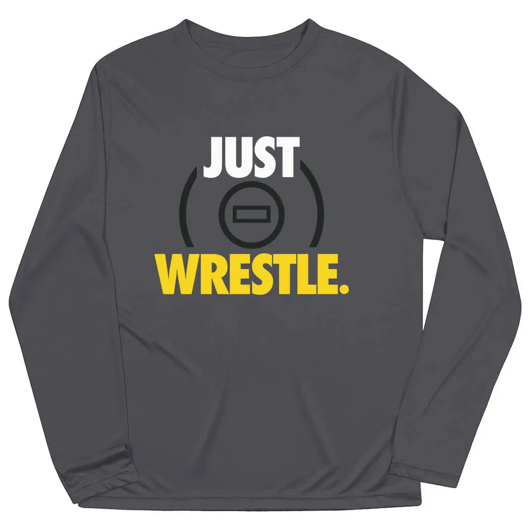 Long Sleeve Wrestling Performance Tee for Men, "Just Wrestle" Graphic, Dry Fit Athletic Outfits with UV Protection, Sweat Wicking & Breathable, Dry Fit Shirts, Athletic Fashion Activewear