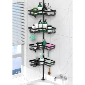 Corner Shower Caddy Tension Pole - 4 Tier Stainless Steel Rustproof Shower Corner Caddy for Bathroom Shower Organizer Shelves Adjustable Pole 25-114.2 Inch Black