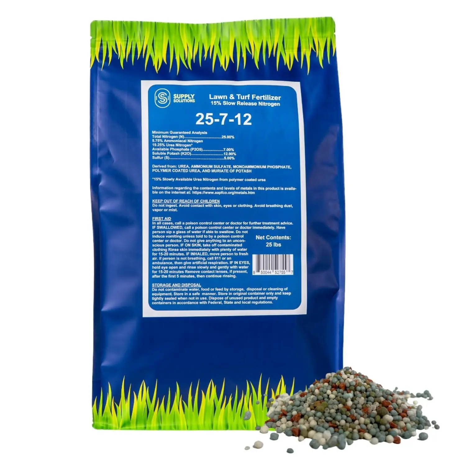 Supply Solutions 25-7-12 Lawn and Turf Fertilizer 15% Slow Release Nitrogen for All Grass Types Shrubs Turf Builder Plant Food Covers 6,250 sq.ft 25lbs Long-Lasting Feeding