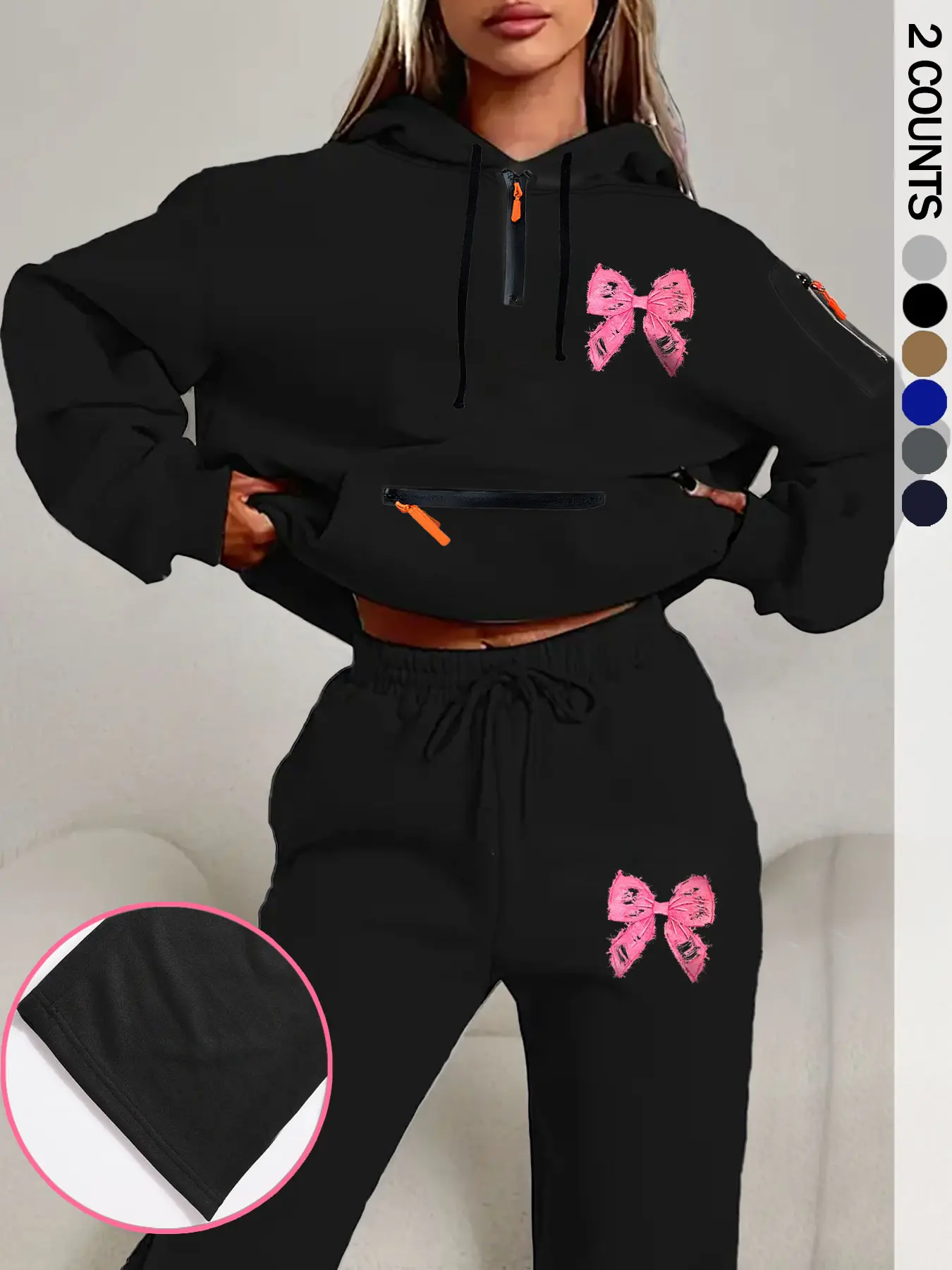 Women's Casual Loose-Fit Hooded Sweatshirt & Bow Print Pants Set, Zipper Detail, Winter Fashion, Comfortable Two-Piece