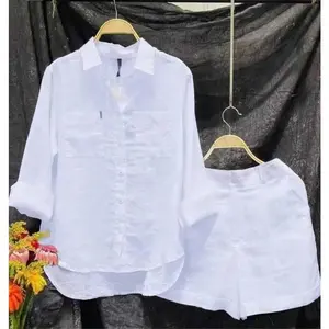 Fashion White Long Sleeve Shirt And Shorts Two Piece Sets Women 2025 Cotton Linen Casual Home 2 Piece Set Women