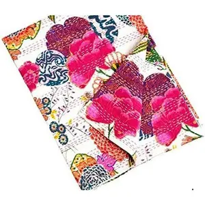 Indian Floral Print Twin Cotton Kantha Throw Blanket Bedspread Throw Gudari