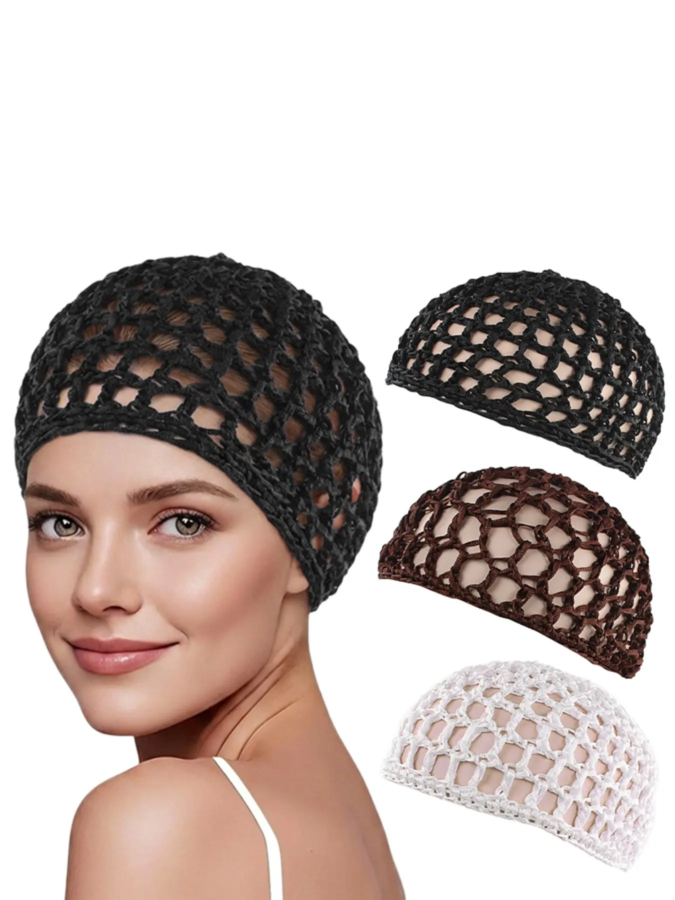 3pcs/set Women's Handmade Hair Net Wigs Hat Set, Solid Color Protective Haircare Sleep Cap, Easy-To-Wear Headwear for Daily Use