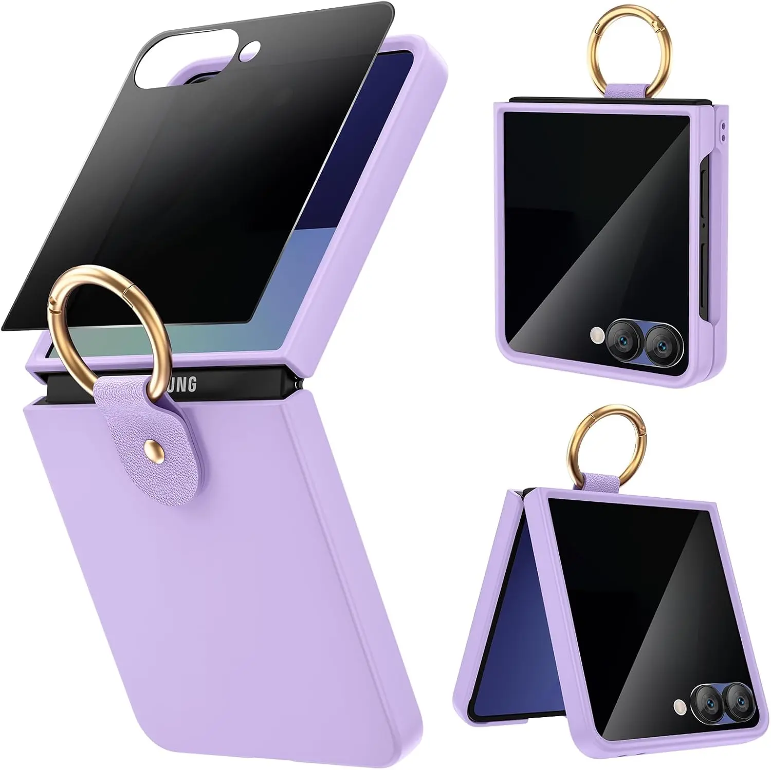 AnyMoonCase for Galaxy Z Flip 7 - Slim Fit Hard PC Plastic Protective Case with Privacy Glass Screen Protector, Women's Ring Cover
