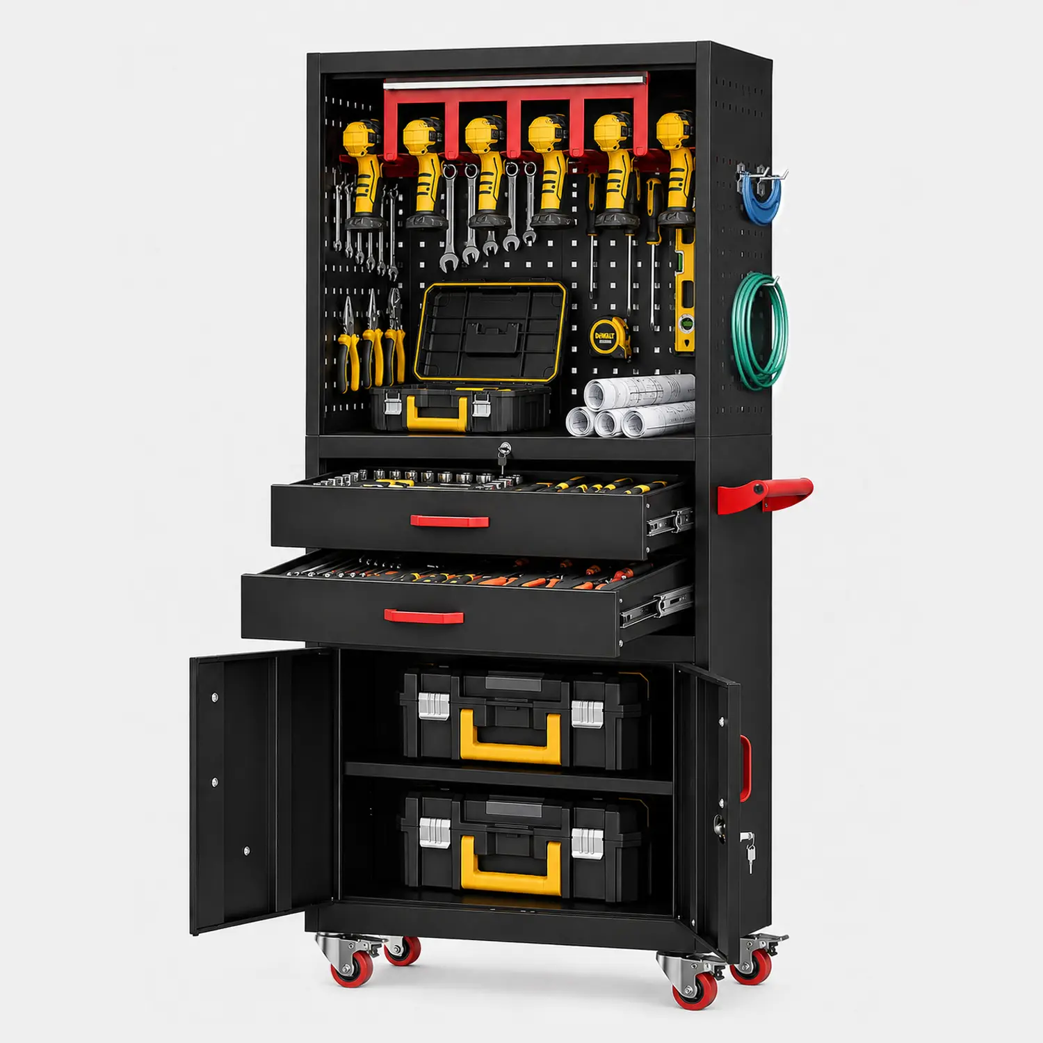 Dinwork Rolling Tool Cart with Steel Pegboard, Power Tool Rack, 2 Drawers, Lockable Lower Cabinet, Built-In Power Strip, Cable Routing and 4-Inch Swivel Casters for Garage and Workshop