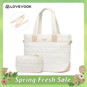 LOVEVOOK 17.3'' Laptop Tote Bag for Women,Large Puffer Work Bag,Lightweight Quilted Travel Bags for College, Work, and Everyday Use, Nylon Tote Bags with Clutch Purse,Quilted Laptop Tote with Clutch,TikTokShopSpringStatements