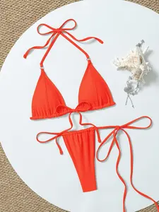 Women's Casual Vacation Fashion Sexy Solid Color Tie String Two-Piece Triangle Bikini Swimsuit, Fitted Style, All Seasons, Plain Pattern, Beach Bikinis