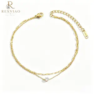 Rexviao 2-Piece Cubic Zirconia Anklet Set for Women — Stackable| Stylish| and Minimalist| Perfect for Summer Beachwear and Suitable for Everyday Wear| Chain Length: 210mm + 45mm #Summervibes, Anklets For Women, Feminine Anklets