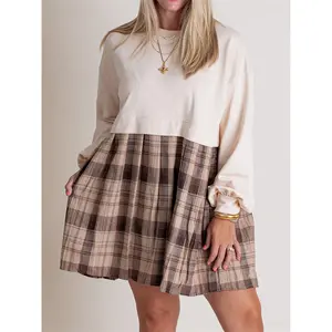 Women Autumn Short T-shirt Dress Long Sleeve Round Neck Plaid Print Patchwork Dress