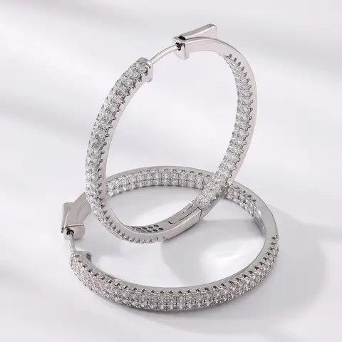 JTV 1 Pair Round White Diamond Simulant Rhodium-Over-Brass Inside-Out Hoop Diamond Earrings, 0.90ctw Trendy Statement Wedding Earrings