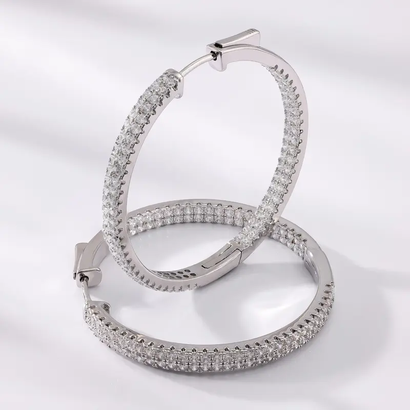 JTV 1 Pair Round White Diamond Simulant Rhodium-Over-Brass Inside-Out Hoop Diamond Earrings, 0.90ctw Trendy Statement Wedding Earrings