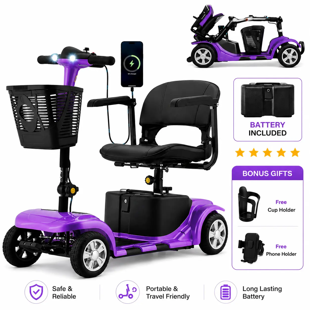 Portable Mobility Scooter for Adults Seniors 4 Wheel Electric with Removable Battery 3 Piece Quick Disassembly LED Headlight Basket 300lbs Capacity