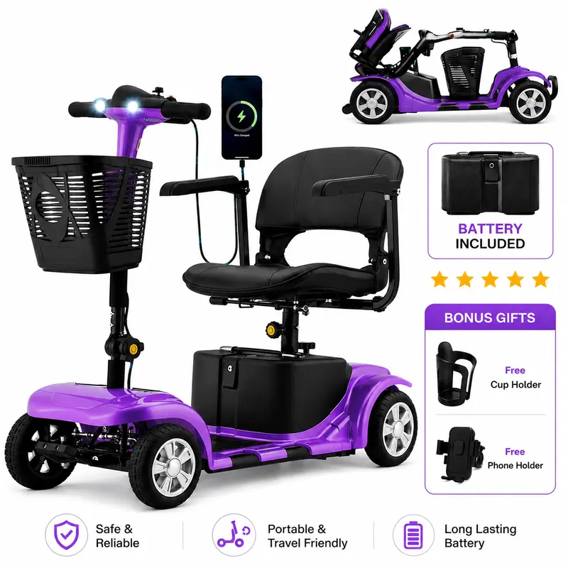 Portable Mobility Scooter for Adults Seniors 4 Wheel Electric with Removable Battery 3 Piece Quick Disassembly LED Headlight Basket 300lbs Capacity