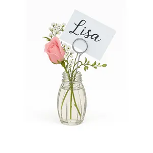 Elegant Glass Place Card Holders with Faux Flowers - Set of 4