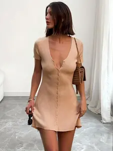 Elegant Casual V-Neck Knitted Dress for Women, Soft Comfortable Fabric, Short Sleeve A-Line Design, Perfect for Summer Commuting, Womenswear