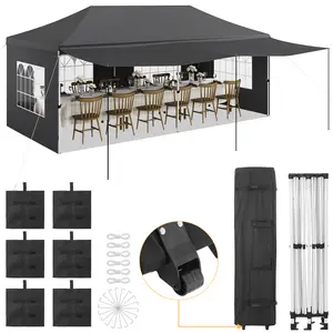 10 x 20 ft Commercial Pop Up Canopy Tent, Heavy Duty Party Tent with Roller Bag, 6 Removable Sidewalls, Upgraded Thickened Legs and 6 Sand Bags Included, Grey