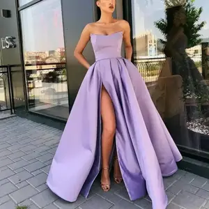Women's Long Strapless Satin Formal Evening Ball Gown with Sleeves, Slit, and Pockets
