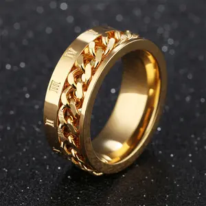 Anti Anxiety Relaxing Fidget Rings For Men Roman Numerals Titanium Steel Rotatable Chain Knuckle Ring  Anillo