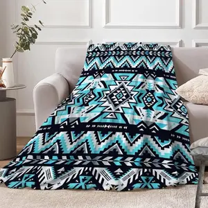 Southwestern Tribal Aztec Flannel Blanket - Soft, Cozy, Geometric American Native Ethnic Mexican Western Boho Design, Warm Bedding for Adults, Blue Black White Couch Decor Throw Blanket, Blankets