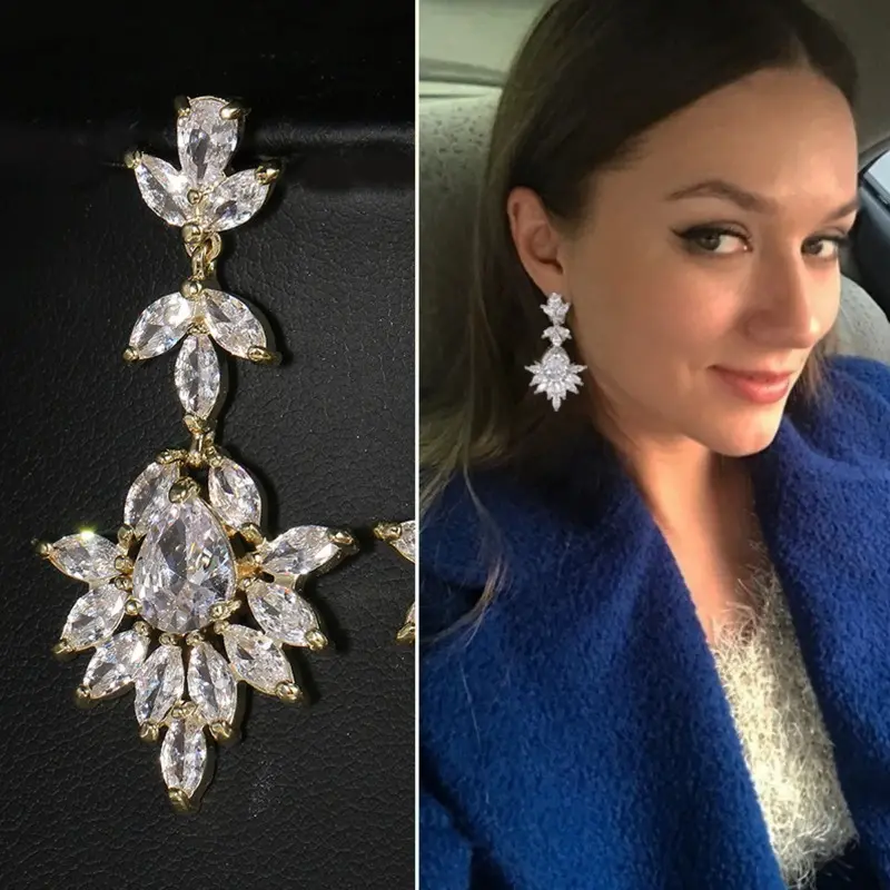 Elegant Sunflower and Angel Feather Pendant Earrings - Luxury Gold Accessory Shining Zirconia, Perfect for Weddings and Gifts, Including Gift Boxes