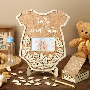 Wood Slices Guest Book Set, 63 Pcs Baby Shower Decor with Photo & Sonogram Frames, Keepsake Alternatives for Bodysuit Themed Birthdays, Party Guests Sign-in