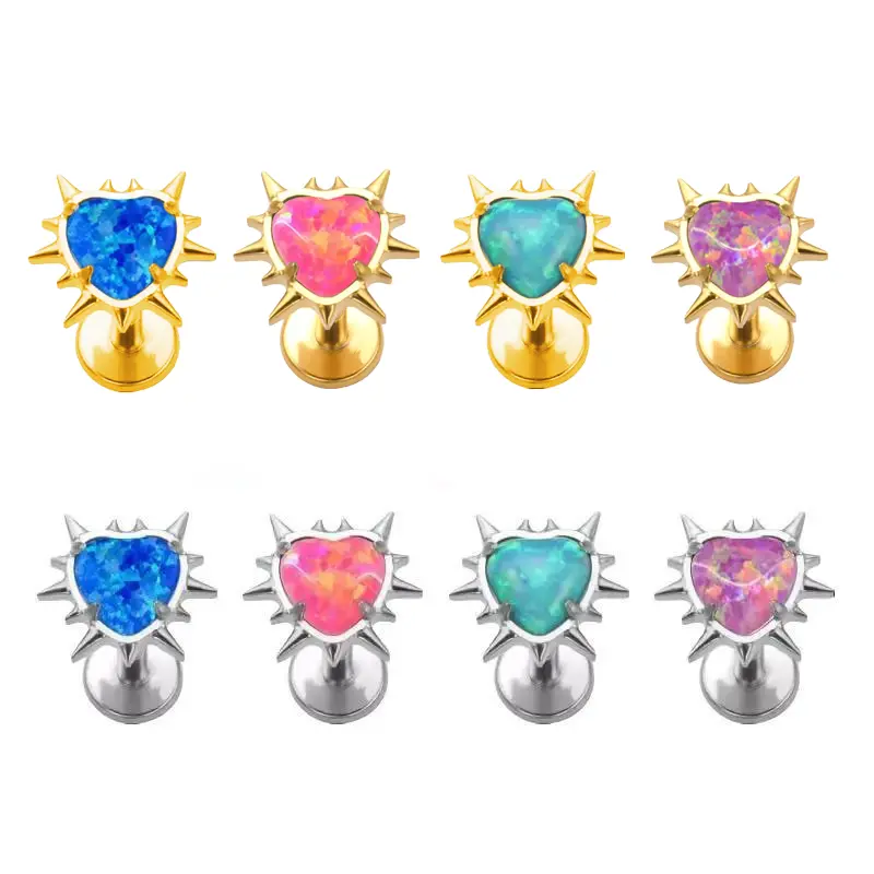 G23 Titanium Heart-Shaped Opal Fake Piercing Studs for Lip Ear Nose Cartilage Body - Brand New High-Quality Implant-Grade Titanium Piercing Jewelry