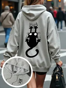 Women's Hooded Sweatshirt with Cat Print, Casual Comfortable Fitted Knit Hoodie for Spring & Fall, Youth Trendy Feminine Top for Shopping and Hiking
