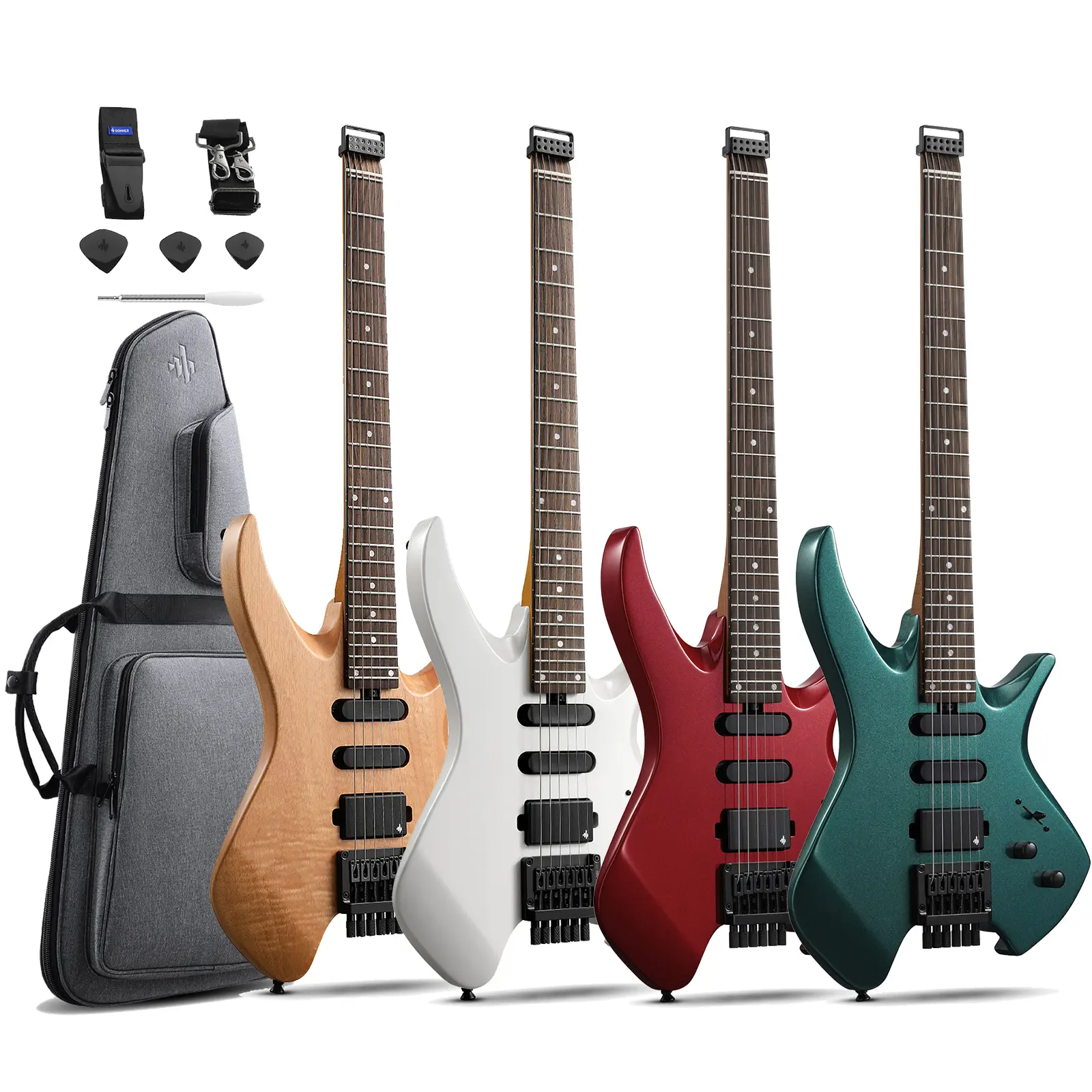 Donner NHL-500 6-String Minimalist Lightweight Headless Electric Guitar - 24 Frets, SSH Pickups, Stable Tuning System, Locking Bridge, 2.4 kg, Ergonomic Body, Balanced Playing, Less Maintenance, Included Gig Bag, Back to School Practice, Headless Guitar