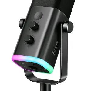 Fifine Microphone for Podcast with RGB Lighting and Adjustable Knobs for Clear Audio Recording