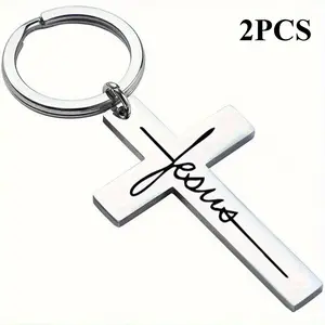 2pcs Elegant Stainless Steel Cross Keychain with "Jesus" Engraving - Sleek Metal Pendant, Ideal Christian Gift for Christmas or Birthday
